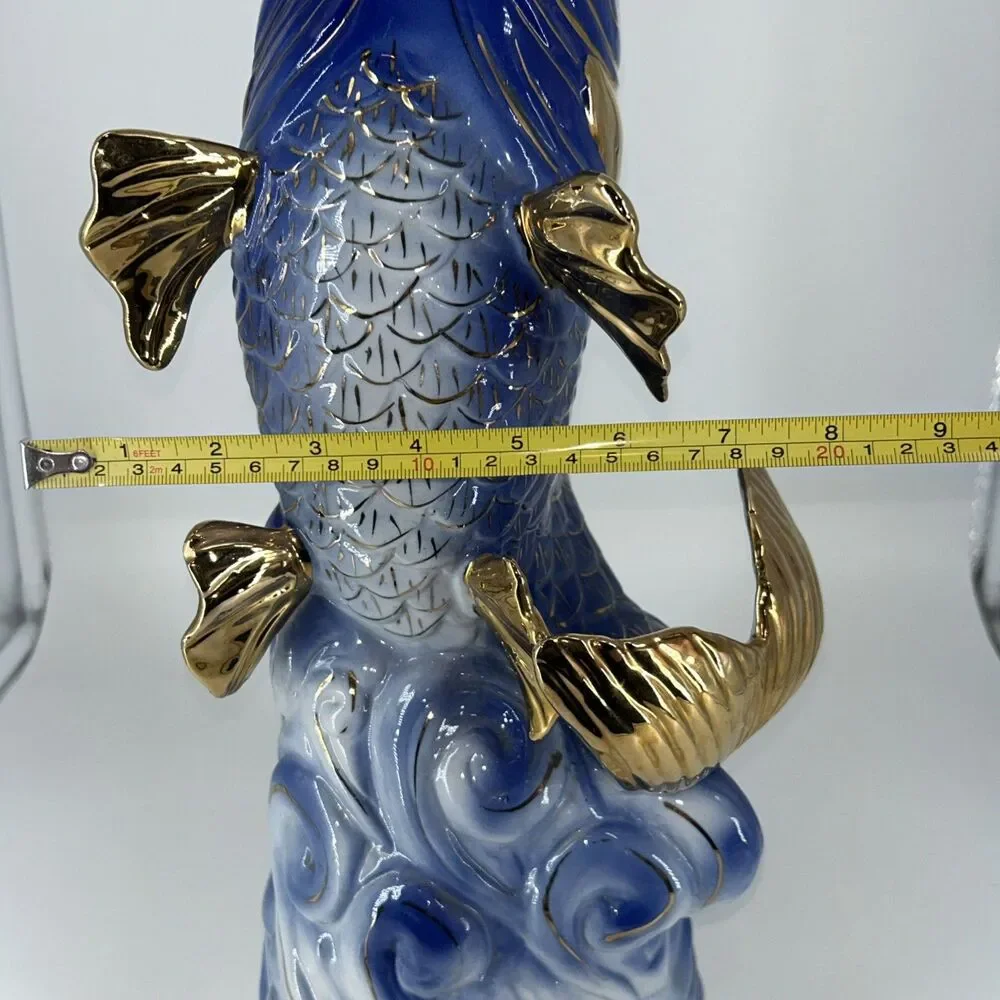 Vintage Large 17.5” Chinese Blue And Gold Porcelain Gurgling Koi Fish Vase